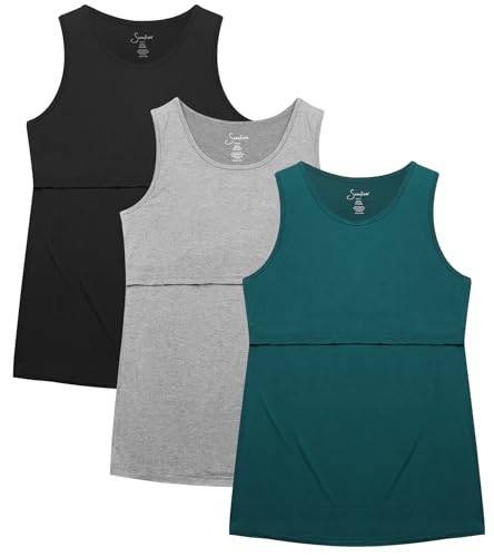 Sosolism 3er-Pack Stilltop Damen Weicher Stillshirt Sommer Still Tshirt Ärmellos,Grün/Hell Grau/Schwarz,Größe 2XL von Sosolism