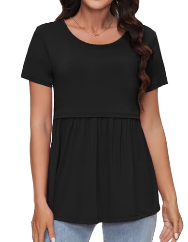 Sosolism Süßes Stillshirt Sommer Kurzarm Stilltops Fließende Abpump-Tops für Frauen nach der Geburt Schwarz, Klein von Sosolism