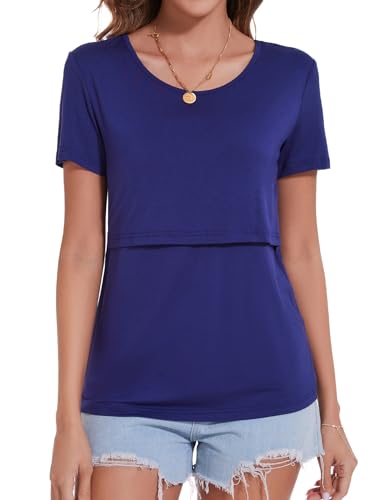 Sosolism Stilltop Damen Stillshirt Sommer Still Tshirt Dehnbar Schwangerschaft Shirt,Dunkelblau,Größe 2XL von Sosolism