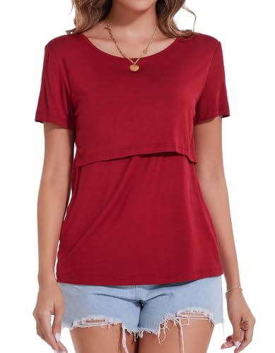 Sosolism Stillshirt Damen Kurzarm Stillen Tshirt Sommer Umstandsshirt Bequem Atmungsaktiv Stillkleidung Postpartale,Weinrot,Größe L von Sosolism