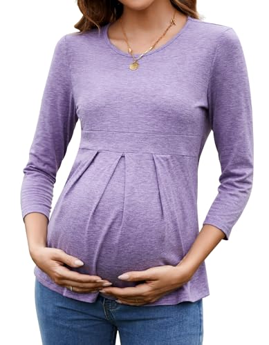 Sosolism Damen Umstandstops 3/4 Ärmeln Front Falte Umstandsshirts Rundhalsausschnitt Schwangerschafts Tunika Tops von Sosolism