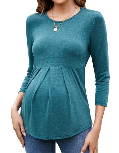 Sosolism Damen Umstandstops 3/4 Ärmeln Front Falte Umstandsshirts Rundhalsausschnitt Schwangerschafts Tunika Tops von Sosolism
