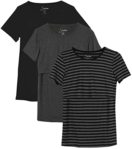 Sosolism 3er Pack Stillen Tshirt Kurzarm Stillshirt Sommer Rundhals Brusternährung Oberteil Freizeit Stilltop Postpartale Damen Schwarz, Dunkelgrau, Gestreift, XX-Groß von Sosolism