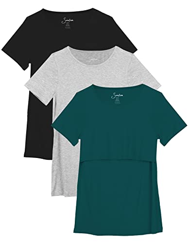 Sosolism 3er Pack Stillen Tshirt Kurzarm Stillshirt Sommer Rundhals Brusternährung Oberteil Freizeit Stilltop Postpartale Damen Schwarz, Hellgrau, Grün, X-Groß von Sosolism