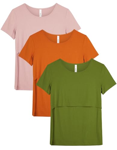 Sosolism 3 Pack Damen Stillentops Kurzarm Still-Shirts Mutterschaft Nursing T-Shirts Umstandsmode Schwangerschaftskleidung Sommer Lässig Kleidung,Orange/Grün/Pink,M von Sosolism