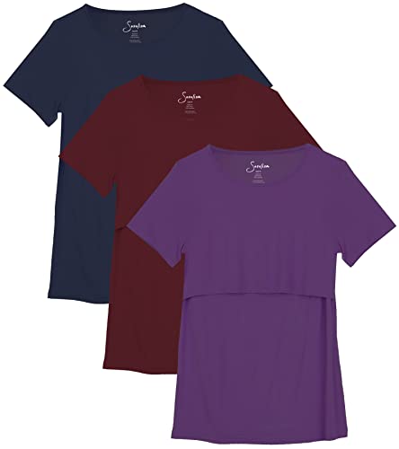 Sosolism 3er Pack Stillen Tshirt Kurzarm Stillshirt Sommer Rundhals Brusternährung Oberteil Freizeit Stilltop Postpartale Damen Marineblau, Rot, Lila, XX-Groß von Sosolism