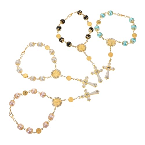 Sosoport 4 Stück Kreuz Rosenkranz Armbänder Kreuz Charms Perlenarmbänder Zur Taufe Für Frauen Und Männer Taufgeschenke Kommunion Hochzeitsfeiern von Sosoport