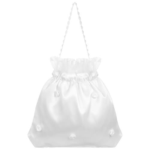 Sosoport Weiße Satin-brauthandtasche, mit Blumen Verzierte Brautjungfern-puppentasche Zur Hochzeit, Elegante Handtasche für Braut Und Brautparty von Sosoport