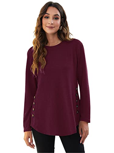 Damen Langarm Casual Tops Rundhals Blusen T Shirts Loose Fit Seitliche Knöpfe Lange Pullover, A-Wine Red, X-Large von SotRong