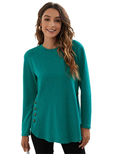 Damen Langarm Casual Tops Rundhals Blusen T Shirts Loose Fit Seitliche Knöpfe Lange Pullover, A-grün, X-Large von SotRong