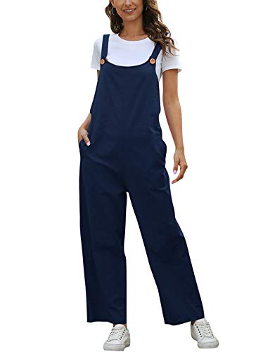 Latzhose Damen Jumpsuit Sommer Loose Fit Baggy Jumpsuit Ärmellos Overall Baumwolle Strampler Casual Lange Wide Leg Playsuit Hose mit Tasche Marineblau L von SotRong