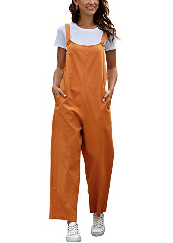 Latzhose Damen Jumpsuit Sommer Loose Fit Baggy Jumpsuit Ärmellos Overall Baumwolle Strampler Casual Lange Wide Leg Playsuit Hose mit Tasche Orange L von SotRong