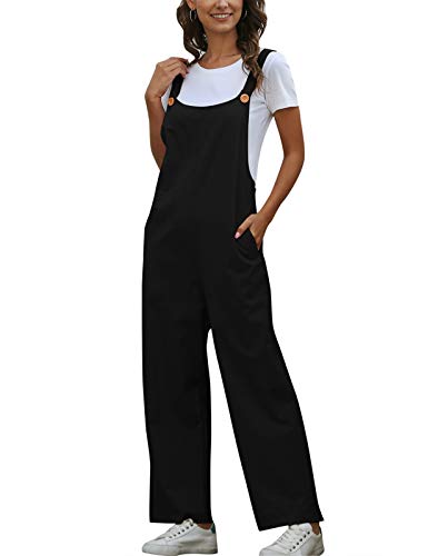 Latzhose Damen Jumpsuit Sommer Loose Fit Baggy Jumpsuit Ärmellos Overall Baumwolle Strampler Casual Lange Wide Leg Playsuit Hose mit Tasche Schwarz S von SotRong