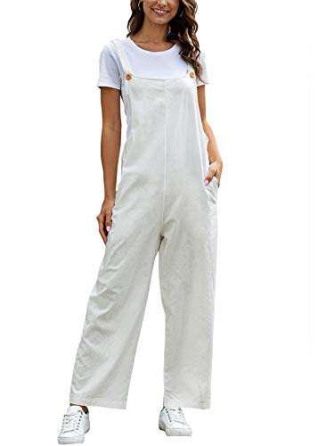 Latzhose Damen Jumpsuit Sommer Loose Fit Baggy Jumpsuit Ärmellos Overall Baumwolle Strampler Casual Lange Wide Leg Playsuit Hose mit Tasche Weiß M von SotRong