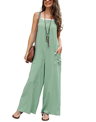 SotRong Latzhose für Frauen UK Loose Fit Baggy Jumpsuit Ärmellos Overall Baumwolle Strampler Casual Lange Weite Bein Playsuit Hose mit Tasche, D-Grün, 48 von SotRong