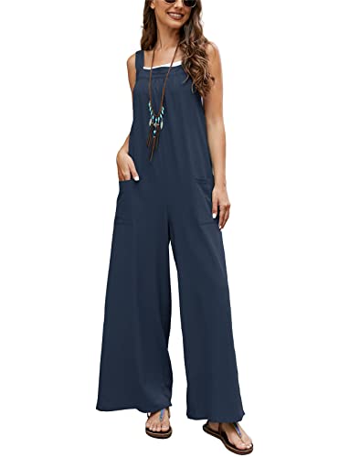 SotRong Latzhose für Frauen UK Loose Fit Baggy Jumpsuit Ärmellos Overall Baumwolle Strampler Casual Lange Weite Bein Playsuit Hose mit Tasche, D-Marineblau, 36 von SotRong