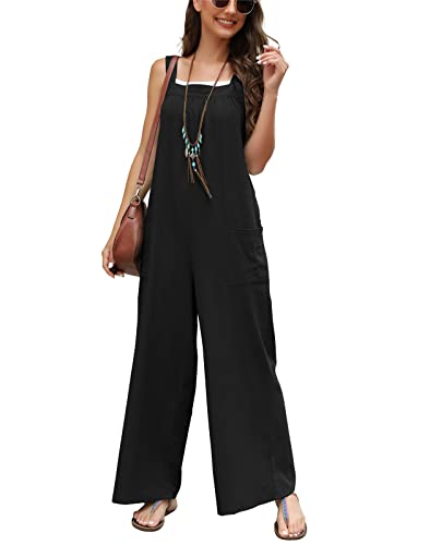 Latzhose für Frauen UK Loose Fit Baggy Jumpsuit Ärmellos Overall Baumwolle Strampler Casual Lange Weite Bein Playsuit Hose mit Tasche, D-schwarz, 42 von SotRong