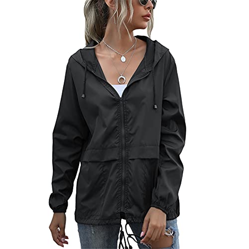 SotRong Leichte, verstaubare, wasserdichte Jacke für Damen, Windjacke, Outdoor, Radfahren, Rnnning, Reißverschluss, Jacke mit Kapuze, schnell trocknend, regenfest, Schwarz , 48 von SotRong