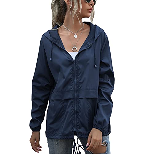 Leichte, verstaubare, wasserdichte Jacken für Damen, Windjacke, Outdoor-Radfahren, Reißverschluss, Jacke mit Kapuze, schnell trocknend, wasserabweisend, Regenmantel, marineblau, 36 von SotRong