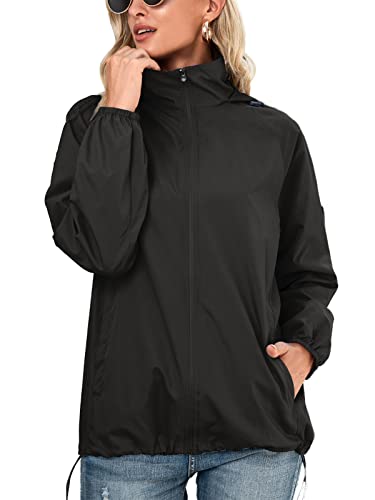 Regenfeste Jacke für Damen, schnell trocknend, verstaubar, wasserdicht, leicht, winddicht, Reißverschluss, Outdoor-Kapuzenjacke, Schwarz , 46 von SotRong