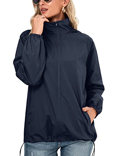 Regenfeste Jacke für Damen, schnell trocknend, verstaubar, wasserdicht, leicht, winddicht, Reißverschluss, Outdoor-Kapuzenjacke, marineblau, 42 von SotRong