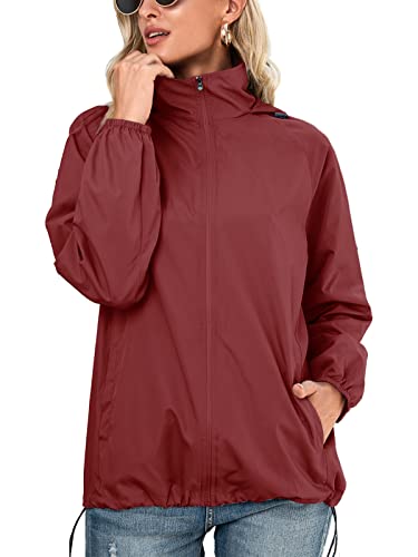 Regenfeste Jacke für Damen, schnell trocknend, verstaubar, wasserdicht, leicht, winddicht, Reißverschluss, Outdoor-Kapuzenjacke, weinrot, 36 von SotRong