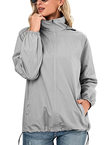 SotRong Wasserdichte Jacken Frauen Packbare Regenjacke Leichte Frühling Sommer Jacke Schnell Trocken Reißverschluss Outdoor Kapuzenjacke, grau, 36 von SotRong