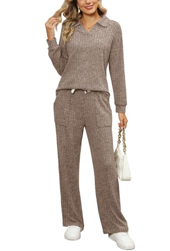 SotRong Trainingsanzug Damen Zweiteiler Freizeitanzug Hausanzug Geripptes Lounge Set Longsleeve Schlafanzüge Loungewear Nachtwäsche Hauskleidung Khaki XL von SotRong