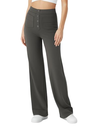 SotRong 4 Wege Elastische High Waist Stretch Yoga Hose Damen Lang Straight Leg Elegant Schlaghose Weites Bein Stoffhose Knöpfen Business Casual Hose mit Taschen Dunkelgrau XL von SotRong