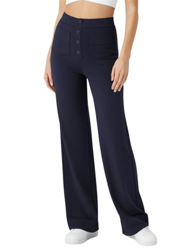SotRong 4 Wege Elastische Straight Leg Stretch Hose Damen Elegant Trouser Style Yoga Pants Schlaghose High Waist Weites Bein Stoffhose Knöpfen Business Casual Hose mit Taschen Tinte Blau M von SotRong