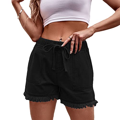 SotRong Jeans-Shorts mit ausgefranstem Saum für Damen, hohe elastische Taille, gerissene Fransen, Jeans, Shorts, einfarbig, Kordelzug, lockere Sommer-Shorts mit Taschen, Übergröße, Schwarz , XXL Große von SotRong