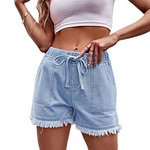 SotRong Ausgefranster Saum Denim Shorts für Frauen Hohe Elastische Taille Ripped Fringe Jeans Shorts Einfarbig Kordelzug Lose Casual Sommer Shorts mit Taschen Plus Size, hellblau, S von SotRong