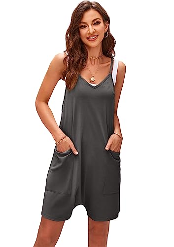 SotRong Jumpsuit Damen Kurz Sommer Hot Shot Onesie Locker Overall Ärmelloser V-Ausschnitt Jersey Playsuit Oversize Baggy Latzhosen mit Taschen Strand Boho Romper für Urlaub Reisen Dunkelgrau L von SotRong