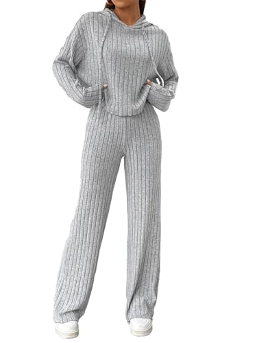 SotRong Damen 2 Stück Gerippt Lounge Set Freizeitkleidung Sets Trainingsanzug Damen Volles Set Gym Activewear Set Hoodies Hohe Taille Hose Home Schlafanzug Grau M von SotRong