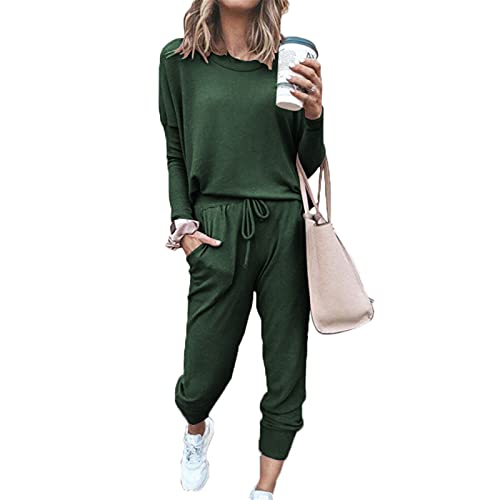 SotRong Damen 2 Stück Langarm Trainingsanzug Loungewear Set Übergröße Rundhals Sweatshirt und Kordelzug Baggy Jogger Hose, Drak Green, 38 von SotRong