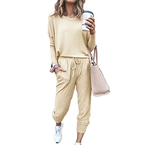 SotRong Damen 2 Stück Langarm Trainingsanzug Loungewear Set Übergröße Rundhals Sweatshirt und Kordelzug Baggy Jogger Hose, khaki, 48 von SotRong