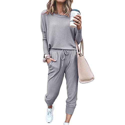 SotRong Damen 2-teiliges Langarm-Trainingsanzug Loungewear Set Plus Size Rundhals Sweatshirt und Kordelzug Baggy Jogger Hose, hellgrau, 48 von SotRong