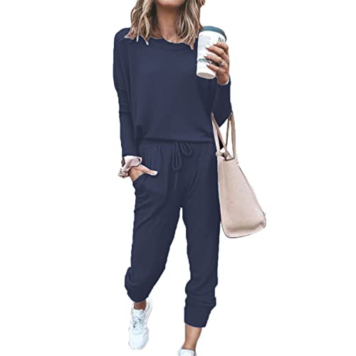 SotRong Damen 2-teiliges Langarm-Trainingsanzug Loungewear Set Plus Size Rundhals Sweatshirt und Kordelzug Baggy Jogger Hose, marineblau, 36 von SotRong