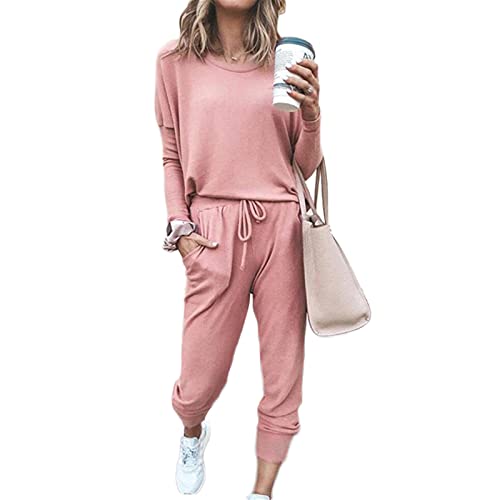 SotRong Damen 2 Stück Langarm Trainingsanzug Loungewear Set Übergröße Rundhals Sweatshirt und Kordelzug Baggy Jogger Hose, rose, 46 von SotRong