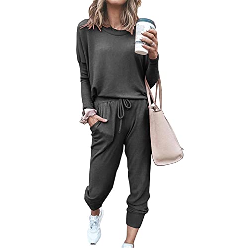 SotRong Damen 2 Stück Langarm Trainingsanzug Loungewear Set Übergröße Rundhals Sweatshirt und Kordelzug Baggy Jogger Hose, Drak Grey, 48 von SotRong