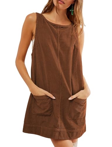 SotRong Damen Cord Overall Kleid Rundhals A-Linie Rock Elegante Herbstkleid Tall Pullover Knielang Ärmellos Minikleid Latzhose mit Taschen Braun S von SotRong