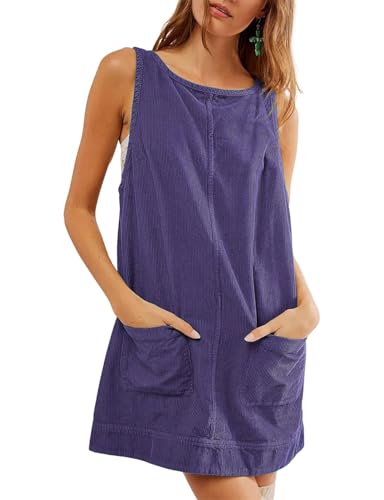 SotRong Damen Cord Overall Kleid Rundhals A-Linie Rock Elegante Herbstkleid Tall Pullover Knielang Ärmellos Minikleid Latzhose mit Taschen Violett XL von SotRong