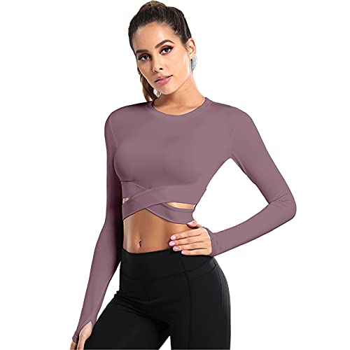 SotRong Damen Crop Top T-Shirt Langarm Sportshirt Sexy Sport Oberteil Bauchfrei Sommer Laufshirt Funktionsshirt Atmungsaktiv Leicht Yoga Fitness Shirts Schnelle Trockene Sporttop Violett L von SotRong