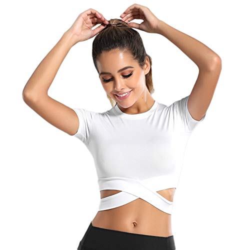 SotRong Damen Cross Bandage Laufshirt Yoga Gym Sport Cropped Top Kompression Workout Athletic Kurzarm T-Shirt Frauen Fitness Oberteile Weiß L von SotRong