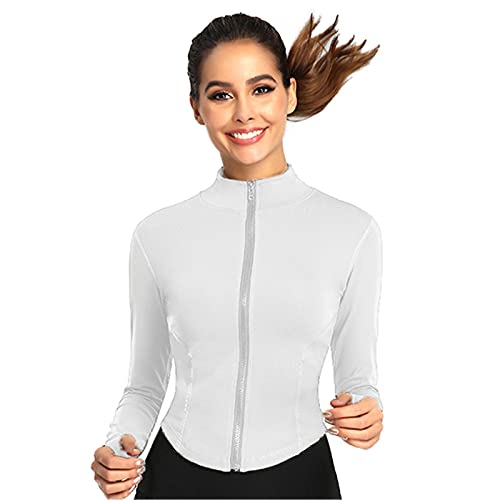 SotRong Damen Lange Ärmel Durchgehender Reißverschluss Laufjacke Slim Fit Kompressions-Sweatshirt Mädchen Sportlich Workout Gym Yoga Crop Top Weiß L von SotRong