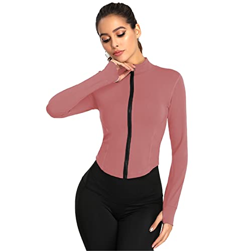 SotRong Langärmeliges Fitness-Top für Damen, mit durchgehendem Reißverschluss, Laufjacke, schmale Passform, Sport-T-Shirt, Fitness, Workout, Yoga, bauchfreies Oberteil mit Daumenlöchern, X-pink, 38 von SotRong