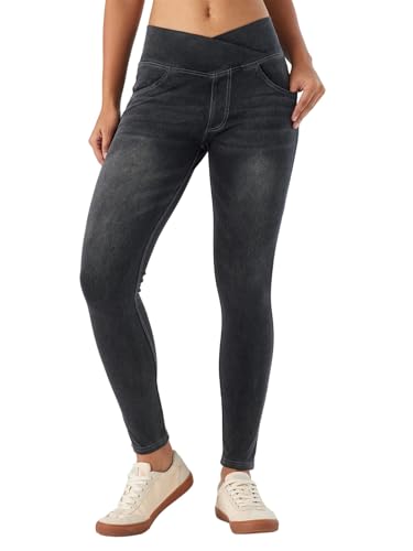 SotRong Damen Crossover V-Waist Stretchy Skinny Jeans Pull-On High Waist Denim Jeggings mit Taschen Slim Fit Bauchkontrolle Knöchellange Jeans Leggings, Schwarz , S von SotRong