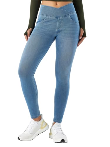 SotRong Damen Crossover V-Waist Stretchy Skinny Jeans Pull-On High Waist Denim Jeggings mit Taschen Slim Fit Bauchkontrolle Knöchellange Jeans Leggings, dunkelgrau, S von SotRong