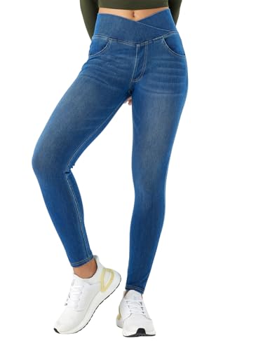SotRong Damen Crossover V-Waist Stretchy Skinny Jeans Pull-On High Waist Denim Jeggings mit Taschen Slim Fit Bauchkontrolle Knöchellange Jeans Leggings, hellblau, S von SotRong