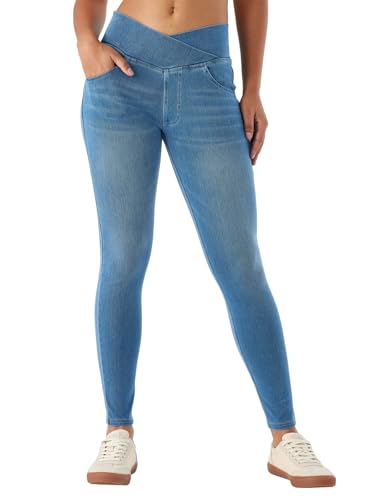 SotRong Damen Crossover V-Waist Stretchy Skinny Jeans Pull-On High Waist Denim Jeggings mit Taschen Slim Fit Bauchkontrolle Knöchellange Jeans Leggings, mittelblau, S von SotRong